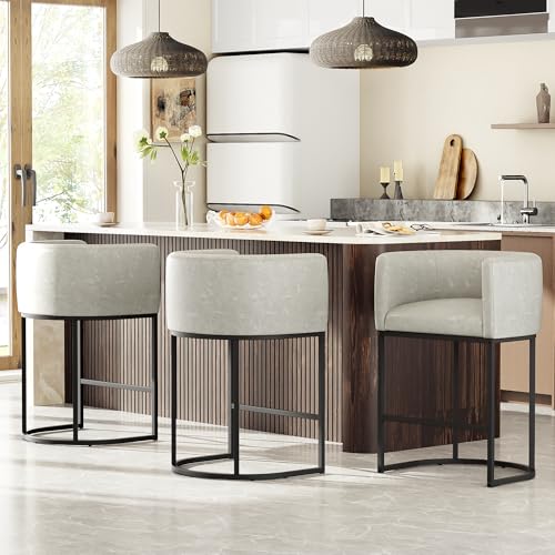 Image of 26 inch H Counter Height Bar Stools Set of 4, Modern Barrel Counter Stools with Backrest and Arms, Faux Leather Upholstered Accent Barstools for Kitchen Island,Support 450 LBS (Grayish White)