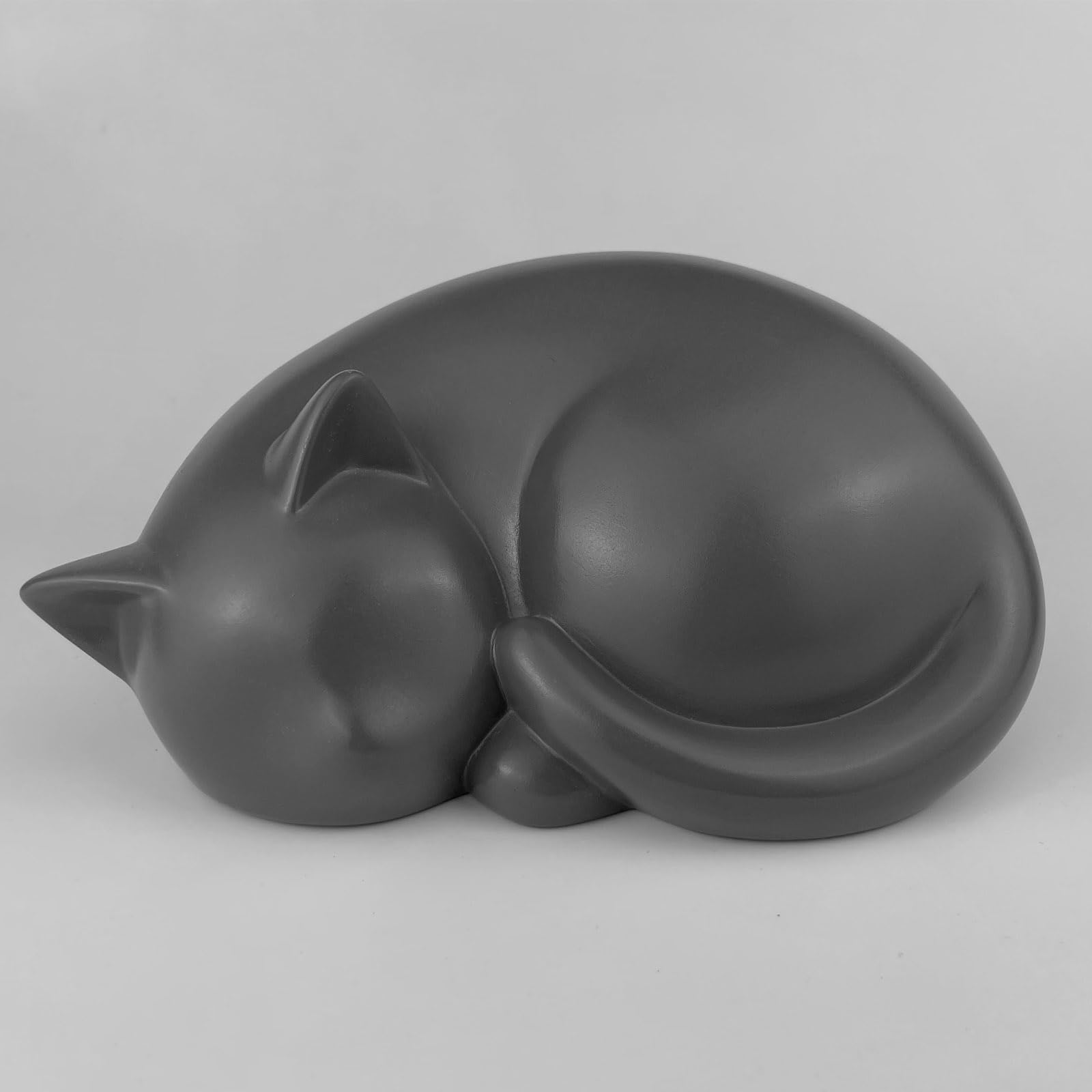AHAILUOO Sleeping Cat Memorial Urn, Black Resin Cremation Keepsake, Indoor Pet Tribute, 8 x 5.5 x 4 Inches, Small Animal Ash Container (Gray)
