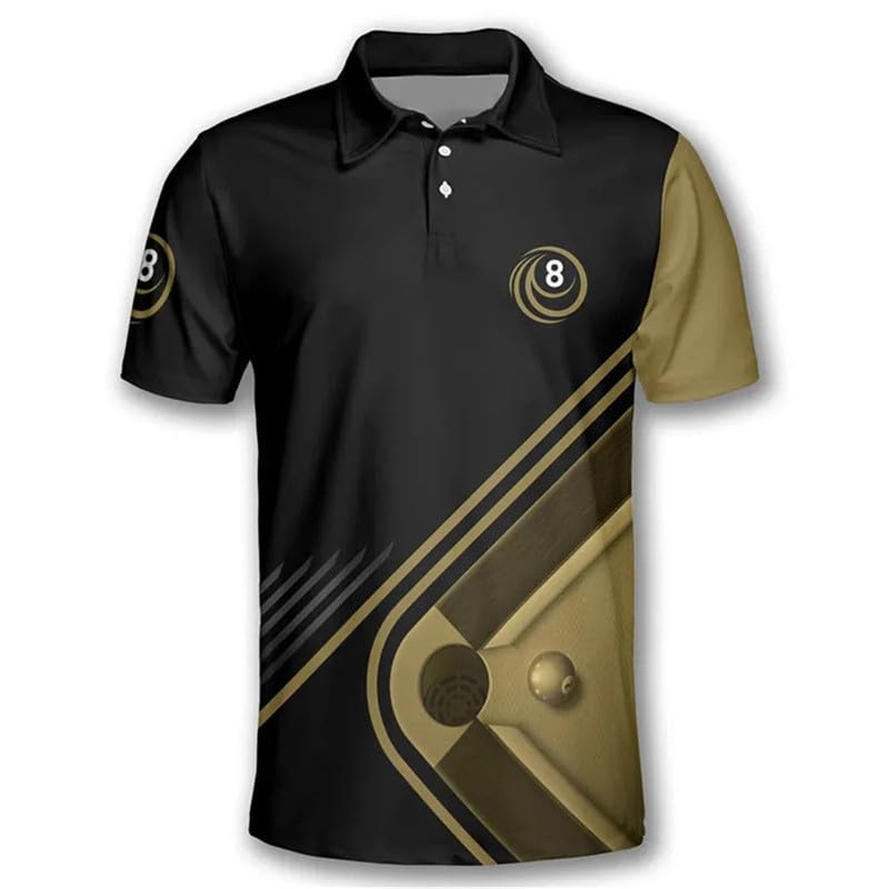 kewing Camiseta Tipo Polo de botón para Hombre con diseño de Billar en 3D Calavera y Bola nº8 Jersey gráfico suéter de Billar Ropa Deportiva