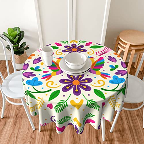 Beauty Mexican Floral And Birds Tablecloth Round Table Cover Washable Polyester Table Cloth For Kitchen Party Picnic Dining Decor 60 Inch #TOP6