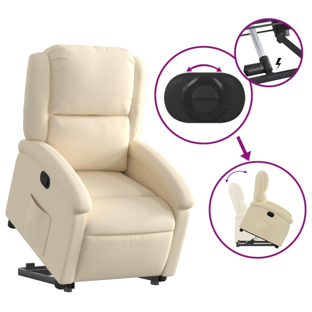 Willood Sillón Reclinable Elevable, Silla con Respaldo Reposabrazos, Asiento Ajustable para Ancianos, Tela Color Crema
