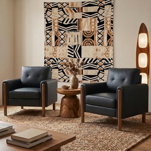 Image of STHOUYN 35 inch Black Leather Oversized Accent Chair Set of 2 with Wood Armrests, Mid-Century Modern Tufted Living Room Chair, Comfy Reading Sofa Chair Lumbar Support Thick Cushion Waiting Room Office