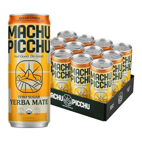 MACHU PICCHU ENERGY, Zero Sugar Yerba Mate, Clean Energy Drink Alternative, 12oz (Pack of 12) - 120mg Organic Green Coffee Bean Caffeine, Low Calorie, USDA Organic, No Artificial Flavors (Ocean Citrus) Cover