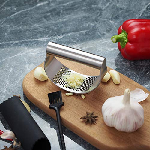 Stainless Steel Garlic Presser 2024 Upgraded Rocker Mincer with Peeler and Brush (1 Pack) for Home Kitchen