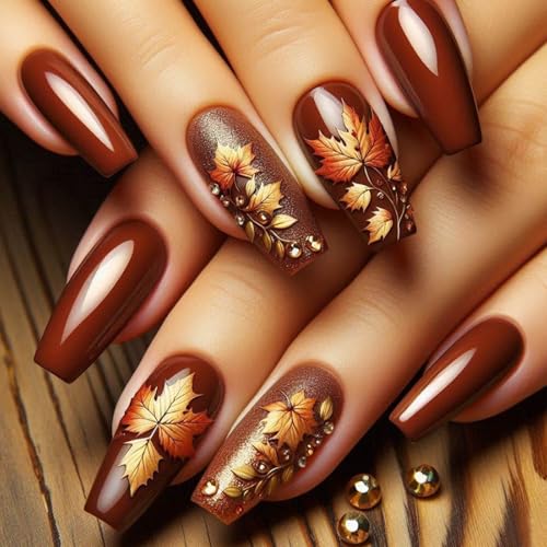 Fall Press on Nails 3D Maple Leaf Fake Nails with Rhinestones Design Brown Glossy Glue on Nail Medium Square Acrylic False Nail Stick on Fingernails Thanksgiving Artificial Nails for Women