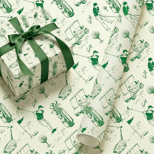 Whaline Golf Wrapping Paper -Mini Roll- 17 In x 32.8 Ft Green Sports Theme Gift Wrap Paper for Birthday Fathers Day Sport Party Wrapping Supplies