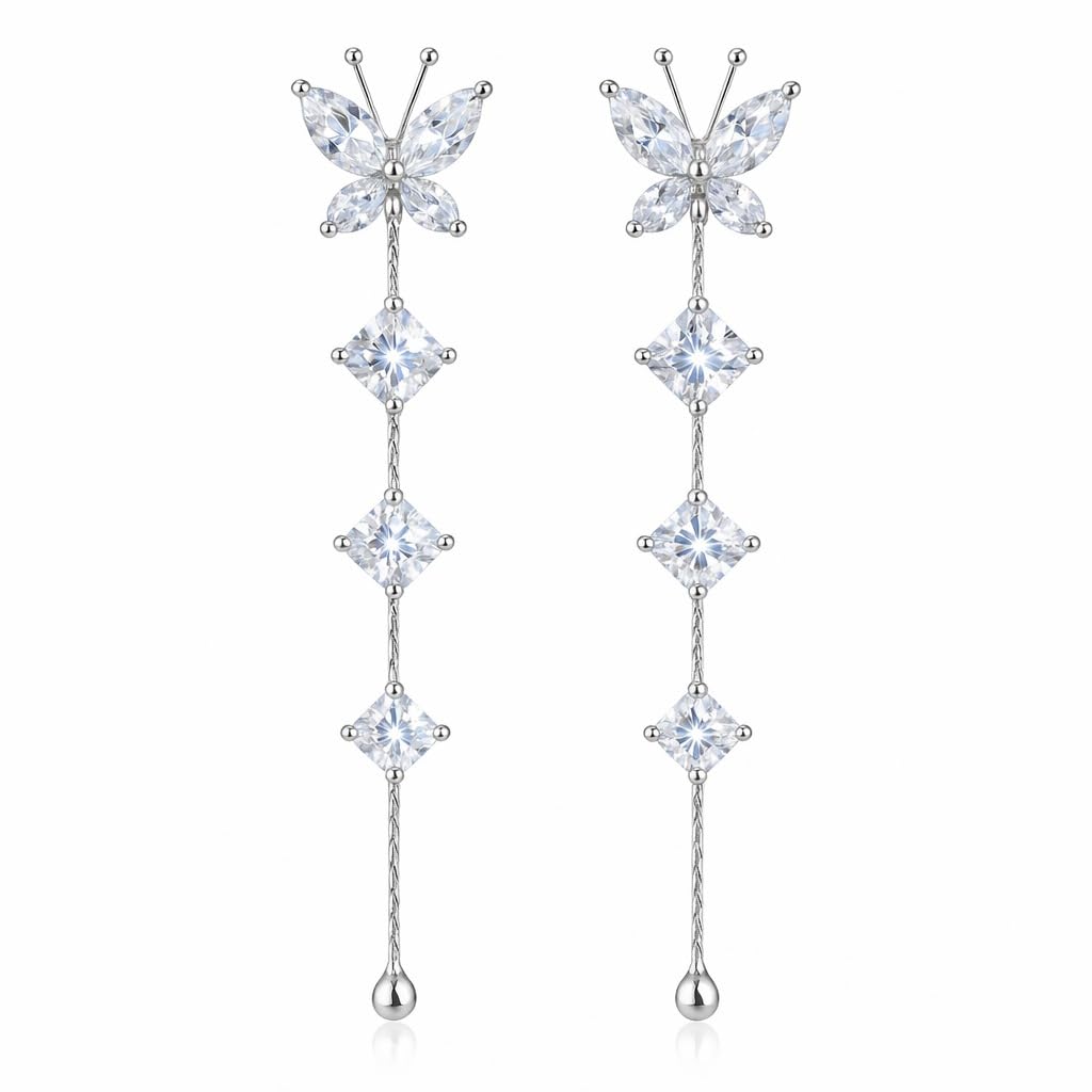Meenaz Butterfly Long Chain Korean Earrings set for Women Girls Ladies | Western Silver Earing AD American Diamond | Stylish Ear Rings Jewellery for woman | Valentine Gift for Girlfriend couple-364
