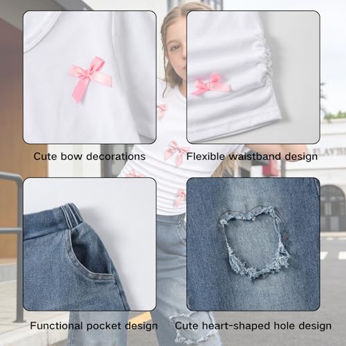 Image of Size 7-14 Years Girls 2 Piece Outfits Bow Short-Sleeved Top and Jeans Pants Clothing Set