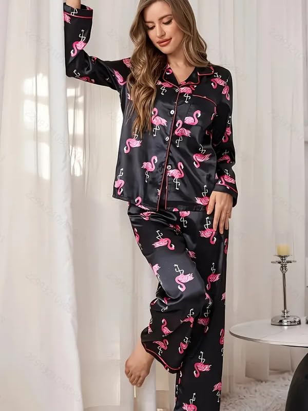 Image of Night Suit for Women with Full Sleeve Button-Down Top with Pant Dress for Woman,Night Dress for Woman, Two-Piece Loungewear Set