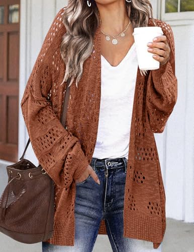 Image of HOTOUCH Lightweight Crochet Cardigan for Women Long Sleeve Open Front Knit Oversized Cardigans Sweaters