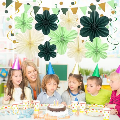 Image of Sage Green Birthday Decoration Green Plant Party Decorations Set | with Hanging Paper Flowers Tassel Garland and Swirls Sage Green Party Decoration for Women Girls Classroom Party Decor