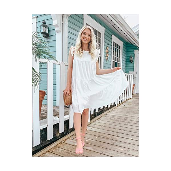 KIRUNDO Sun Dresses for Women 2023 Casual White Graduation Dress Sleeveless Ruffle Sleeve Beach Vacation Dress Round Neck Loose Flowy Pleated Mini Babydoll Dress, White, Small
