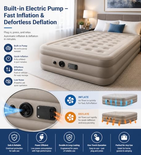 Image of Inflatable Air Bed Single Size, Portable Blow Up Mattress for Home, Guest, Camping & Travel, Waterproof Flocked Surface, Raised Air Mattress