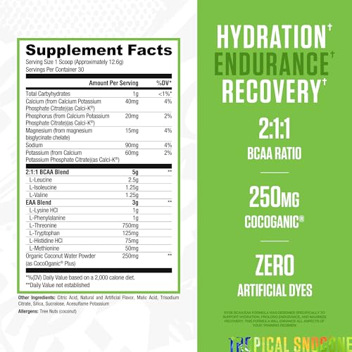 Image of RYSE BCAA EAA Powder - Tropical Snocone - 5g Branched Chain Amino Acids, 3g Essential Aminos, Sugar-Free Electrolytes for Pre & Post Workout Muscle Recovery, Hydration and Strength - 30 Servings