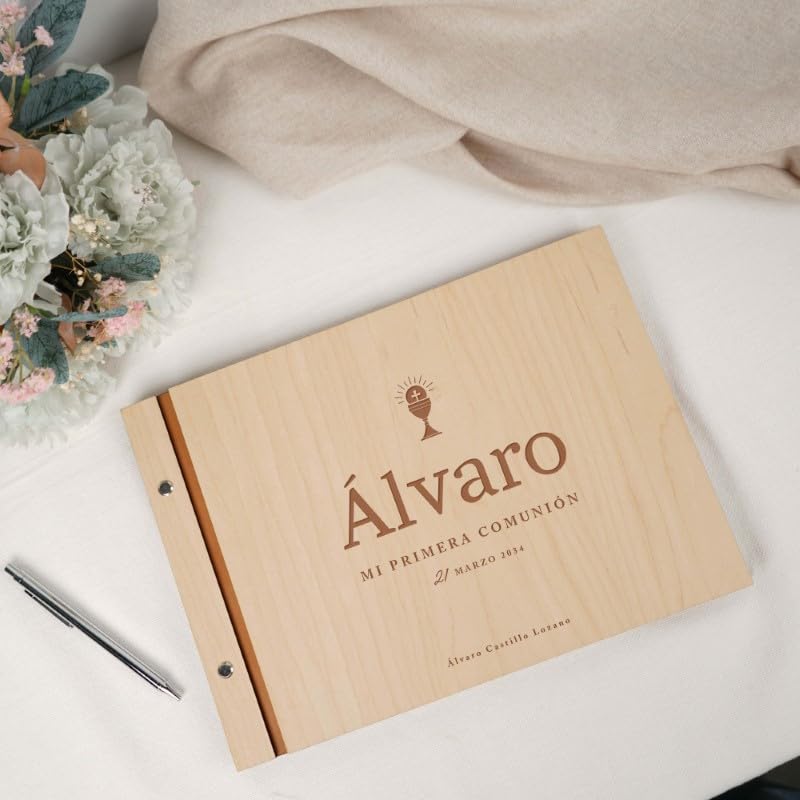 Libro de Invitados Comunión Personalizado | Libro de visitas Comunion de Madera Personalizado | Álbum de Firmas para Primera Comunión | Álbum de Fotos Scrapbook de Madera Cross