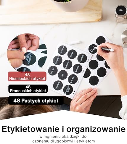 Deco haus® Stojak na Przyprawy ze Słoikami na Przyprawy - 3-poziomowy Metalowy Organizer Kuchenny - 24 Słoiczki, 48 Etykiet, Pędzelek, Haczyki - Półka Wolnostojąca lub na Ścianę - Chromowany Regał