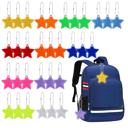 Zocipro 32Pcs Safety Reflector Pendants, High Visibility Star Reflector Pendant with Chain, Kids Waterproof Reflective Pendants for Backpacks, Walking, Running, Cycling (11 Colors)