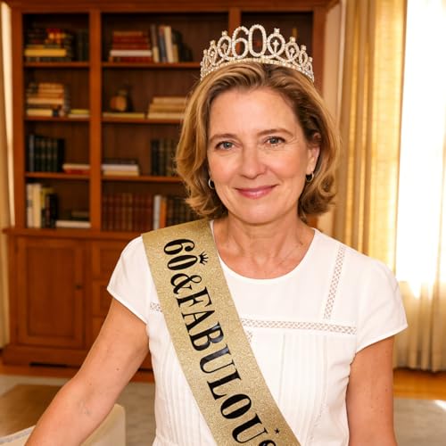 image for Casoty 60th Birthday Sash and Tiara for Women, Gold Crown 60 and Fabul