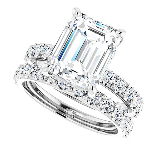 10K Solid White Gold Handmade Engagement Ring 3.50 CT Emerald Cut Moissanite Diamond Solitaire Wedding/Bridal Ring Set for Women, Lovely Ring Gift for Wife