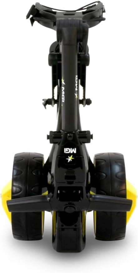 ภาพระยะใกล้ view of the MGI Zip X1 Electric Golf Cart's rear wheels and integrated anti-tip wheel, showing the 'R' and 'L' indicators.