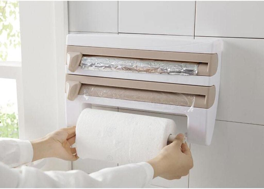 CALANDIS Kitchen Towel Foil 4-in-1 Roll Holder Cling Film Dispenser Wall Rack Brown