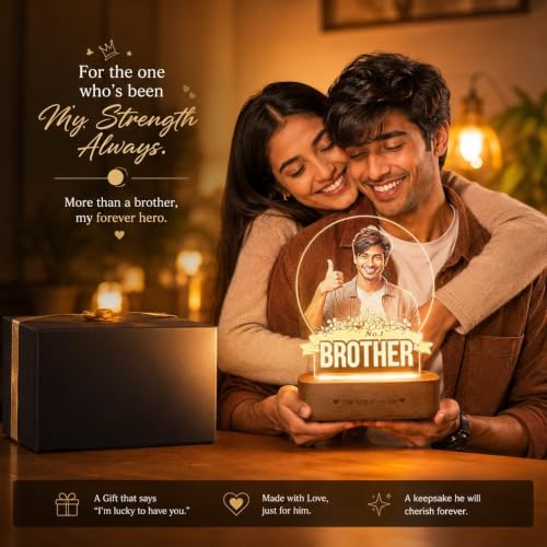 Image of ZOCI VOCI Personalized Rakhi Gift - No.1 Brother Custom UV Printed LED Photo Lamp with BT Speaker, WW Acrylic Night Lamp with Wooden Base, Customized Rakshabandhan Gift