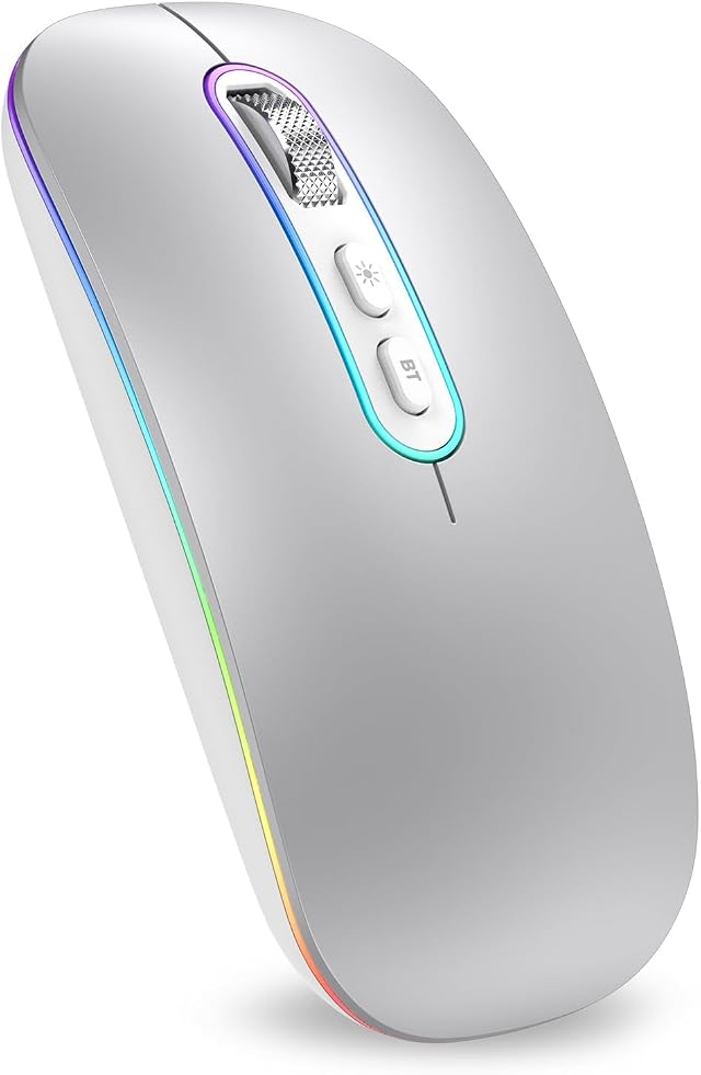 cimetech Raton inalambrico Recargable, 2.4G & Bluetooth Ratón para Portátil Ratón Silencioso Diseño Ergonómico con Nano Receptor USB Compatible con Macbook iPad Ordenador-Plata