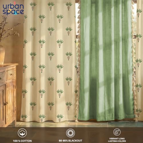 Image of Urban Space 100% Cotton Curtains for Door, Combo Set of 3 Curtains 7 feet Long, 60-65% Room Darkening Curtain, Tieback & Eyelets Included with Curtains for Home Decor (Palm Lagoon Green, 7 Feet)