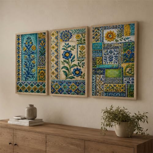 Image of Livin'luxe Set of 3 Blue Yellow Floral Tile Wall Paintings for Living Room Dining Bedroom Home Decor with Premium Wooden Color Synthetic Frame (13.5 x 19.5 Inch) NM03-70