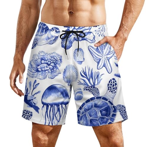 Ocean Turtles Coral Jellyfish Shell Beach Shorts for Men Swim Trunks Quick Dry Swim Shorts with Compression Liner Pocket