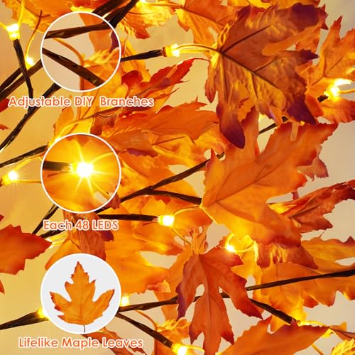4FT Artificial Lighted Maple Tree, Fall Decorations for Home with Timer, 50 LED Prelit Fall Decor Maple Tree with Warm White Light for Indoor Outdoor Harvest Halloween Thanksgiving Day, Orange