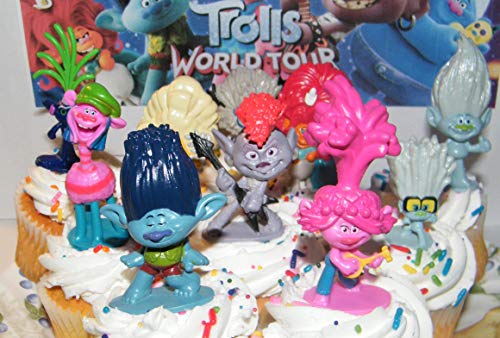 Trolls World Tour Movie Quality Cake Toppers Cupcake Decorations 14 Set With 10 Figures, 2 Decorative Stickers Featuring Queen Poppy, Branch, Queen Barb And More! #TOP1