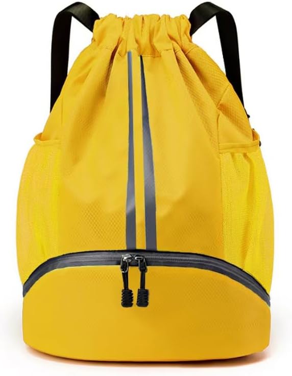 Drawstring Gym Bag for Men, Waterproof Drawstring Backpack for Women, Swim Bag with Shoes Compartment. (Yellow)