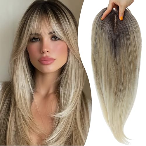 Image of Synthetic Hair Topper with Bangs 18 Inch Layered Toppers for Women with Thinning Hair 5.5 inch x 5 inch hand Tied Forehead Hairline 360 3D Cover Wispy Synthetic Toppers Hair for Women Fiber Wiglets