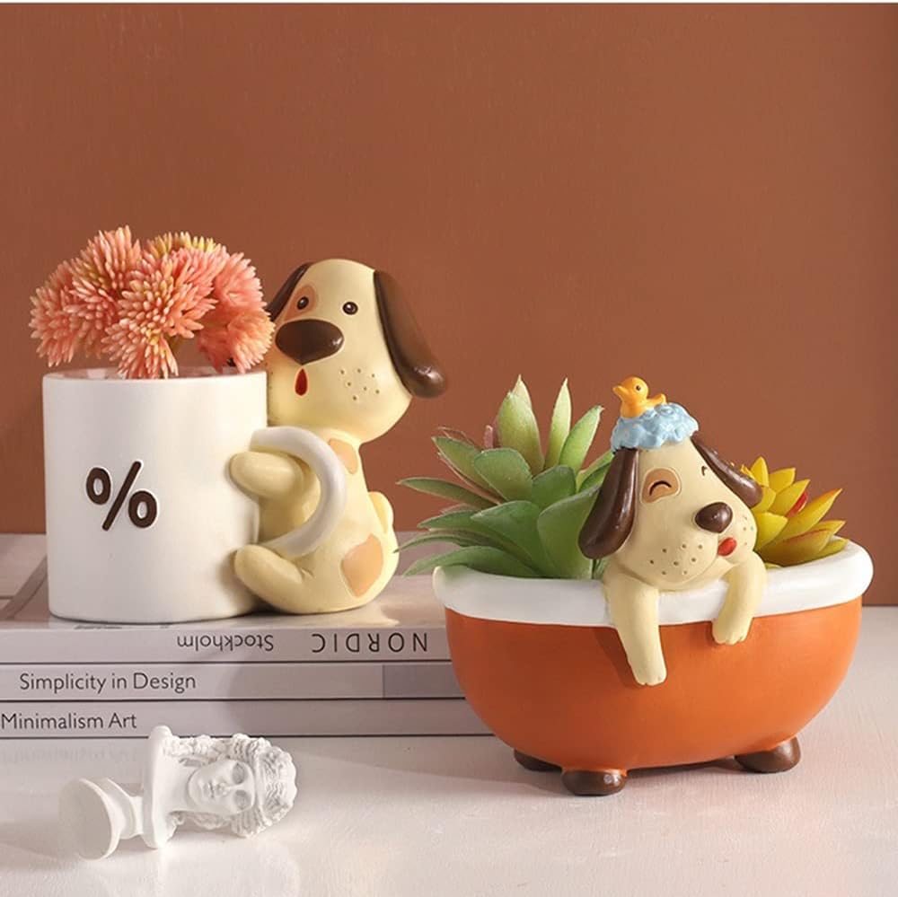 Cute Animal Succulent Planters Small Pug Planter Pots for Cactus Herbs Dog Shaped Flowerpots with Drainage Hole & Plug Gift for Dog Lovers (Take A Shower)