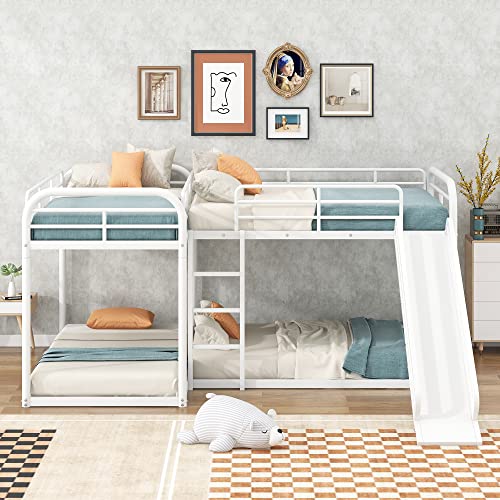 Dhpm L Shaped Bunk Bed For 4, Bunk Bed With Slide, Heavy-Duty Metal Floor Bunk Bed Frame Full And Twin Size For Kids Teens Girls Boys #TOP3