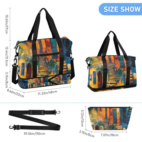 ALAZA Sports Duffel Bags with Toiletry Bag Set,Landscape Architecture Travel Duffel Bags Multi Pockets Weekend Bag3