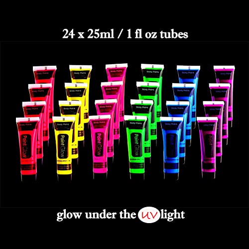 Quiet&Far Body Paint Set With Tubes 24 X 25 Ml / 1 Fl Oz Neon Glow In The Dark Paint Face Paint Blacklight Reactive Fluorescent Paint Non-Toxic #TOP4
