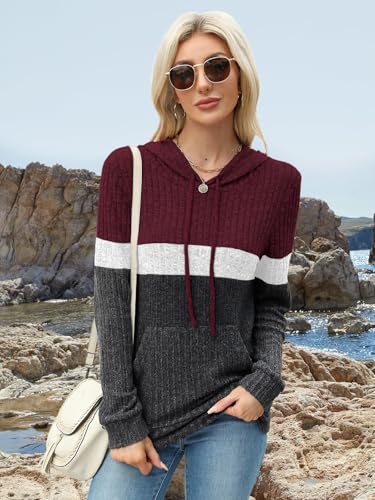 MixShe Women’s Color Block Knit Hoodie – Casual Long Sleeve Pullover Sweater Tops with Pocket