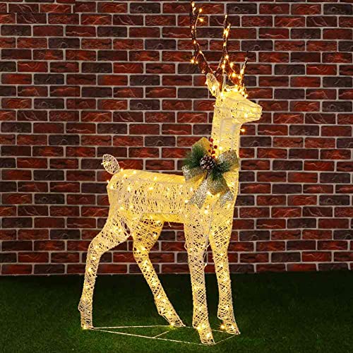 Bakaji Renna Natalizia Luminosa per Esterno 240 Luci LED Bianco Caldo Addobbi Fiocco Natale Natalizi Cervo Struttura in Metallo 3D e Intreccio Corda Trasparente Con Timer da Giardino Altezza 130 cm
