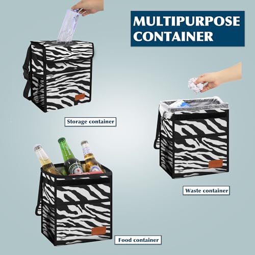 Image of Femuar Car Trash Can with Lid - Leak Proof, Waterproof, Zebra Stripe, SUV Multipurpose Car Hanging for Headrest, Collapsible, Portable with Storage Mesh Pocket