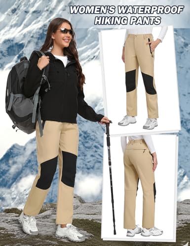 PASUDA Damen Wanderhose Wasserdicht Skihose Softshellhose Thermohose Fleece Gefüttert Winter Hosen Schneehose Winddicht Warm Arbeitshose Trekkinghose Langlaufhose Knie-Reibungsschutz (Khaki, L)