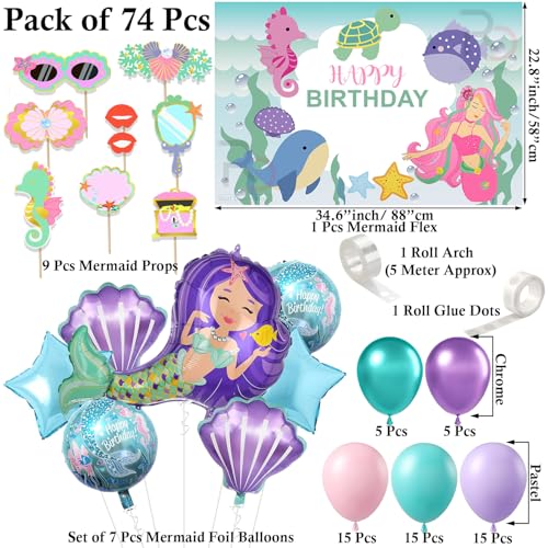 Image of Rozi Decoration Happy Birthday Decoration Kit Mermaid Theme Backdrop Combo Set - 74 Pcs Mermaid Theme Birthday Decorations Items