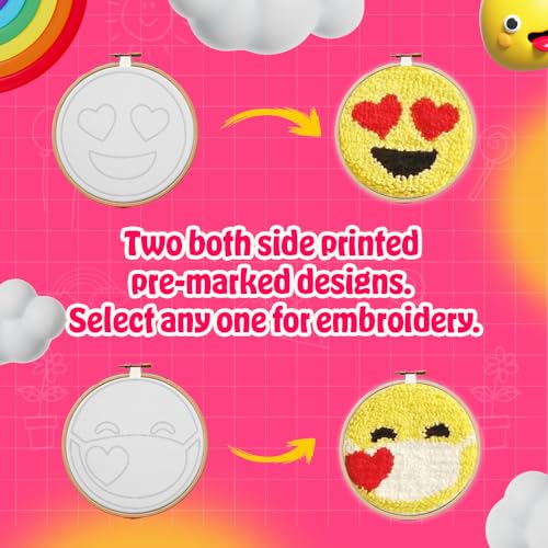 Image of KREEDA Punch Needle Embroidery Kit, DIY Creative Activity, Emoji Embroidery DIY kit, With Wooden Hoop Monk Clothes and Woolen Yarns. Gifts for Girls & Boys Ages 6, 7, 8, 9, 10, 11, 12 (Punch Needle Emoji)