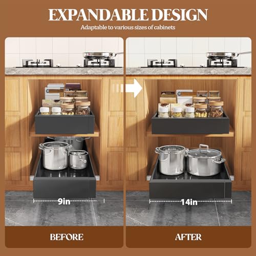 4 Pack Expandable Pull Out Cabinet Organizer 21" Deep With Raising Pad for Framed Cabinets,Upgrade 3 Slide Rails Slide Out Drawers,No Drill Roll Out Shelves,Adjustable Width 9"-14" Black