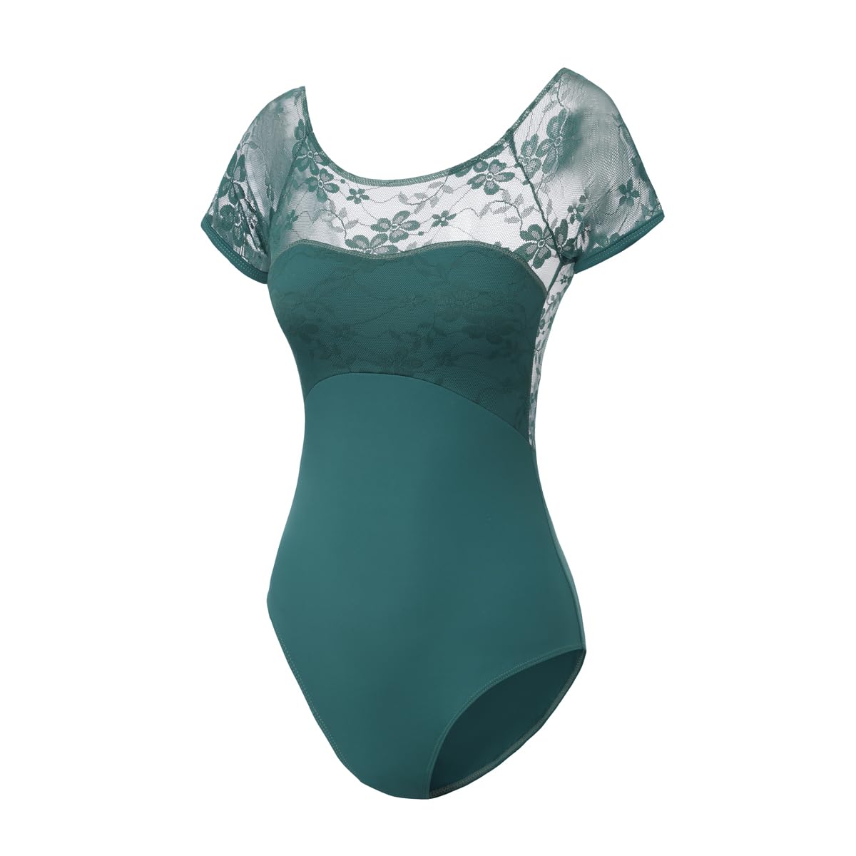 ModLatBal Women's Basic Short Sleeve Leotard forBallet Dance Gymnastics, Dark Green Lace, Large