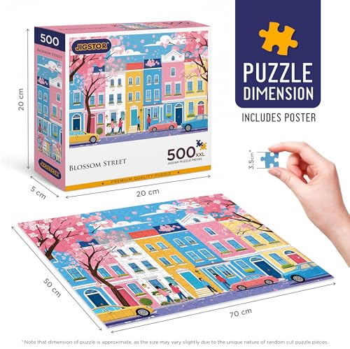 Image of Blossom Street | Premium Jigsaw Puzzle (500 Pieces) for Adults & Teens | Cherry Blossom Artwork | XXL Pieces | Brain Exercise, Stress Relief & Reduce Screentime |