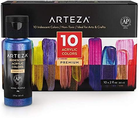 ARTEZA Iridescent Acrylic Paint, Set of 10 Chameleon Colors, 2 oz/60ml Bottles, High Viscosity Shimmer Water-Based, Blendable Paints, Art Supplies for Canvas, Wood, Rocks, Fabrics