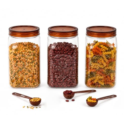 CELLO Retro Airtight Kitchen Storage Jars Set of 3 Pcs 1000ml Maroon | Freezer & Fridge Safe, Stylish Unbreakable Odor Resistant See Through PET Food Storage Containers Set for Flour Rice Pasta Spices