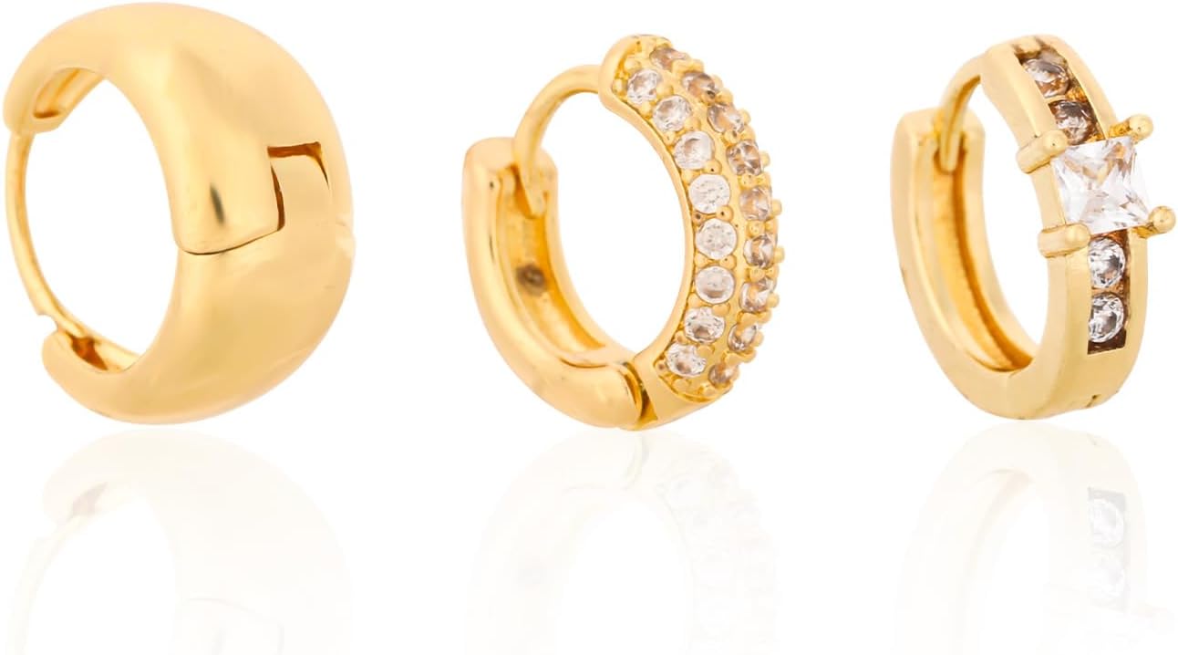 3pcs Small Gold Hoop Earrings, Copper Sleeper Chunky Clip on Cartilage Huggie Earrings Stacks for Multiple Piercing Jewelry Set for Women Gifts